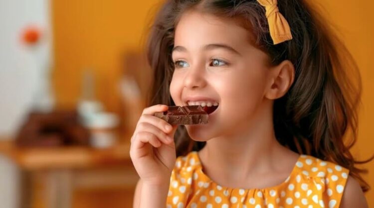 Menina come um chocolates, expondo seus dentes à cáries.